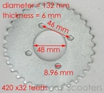 32 Teeth Rear Sprocket Rb For 420 Chain, Bolt Pattern 4, Diablo Chopper. Fixed Price $24.63.
